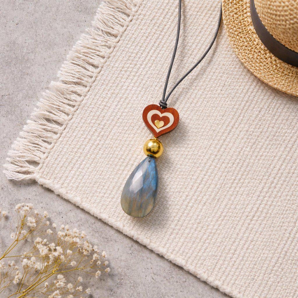 Labradorite Necklace Red Sandalwood Heart Chunky Magic Stone Pendant for Women, Spiritual Healing, Adjustable Leather Cord