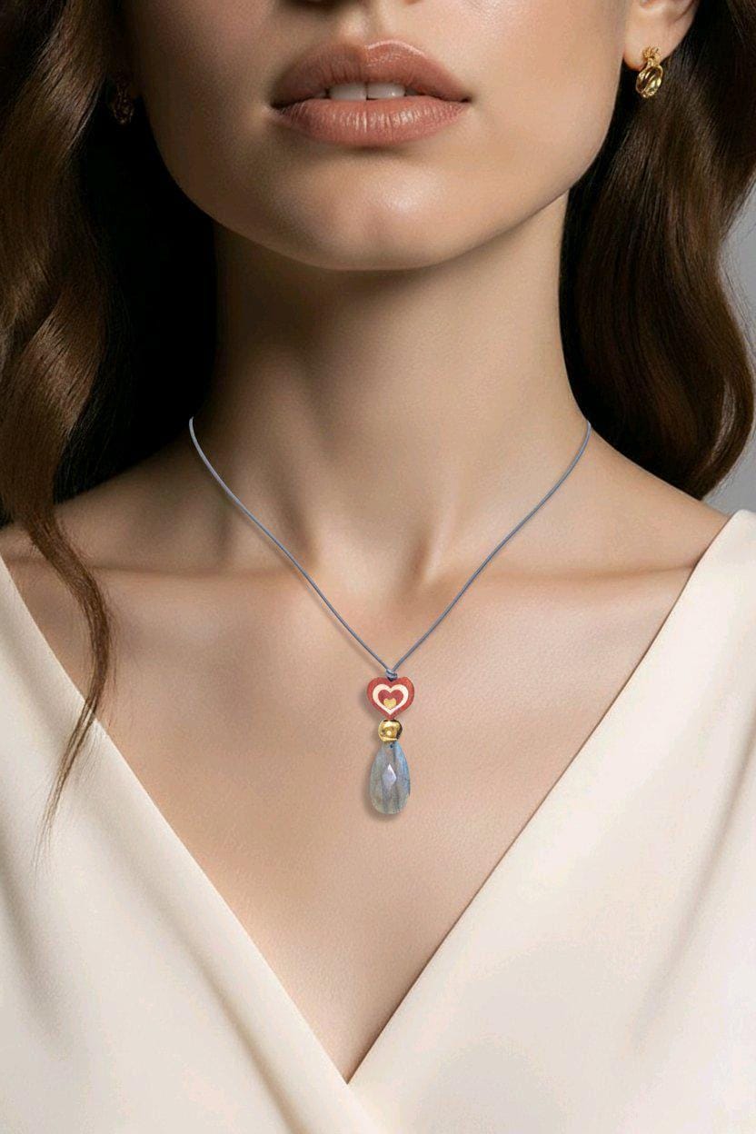 Labradorite Necklace Red Sandalwood Heart Chunky Magic Stone Pendant for Women, Spiritual Healing, Adjustable Leather Cord