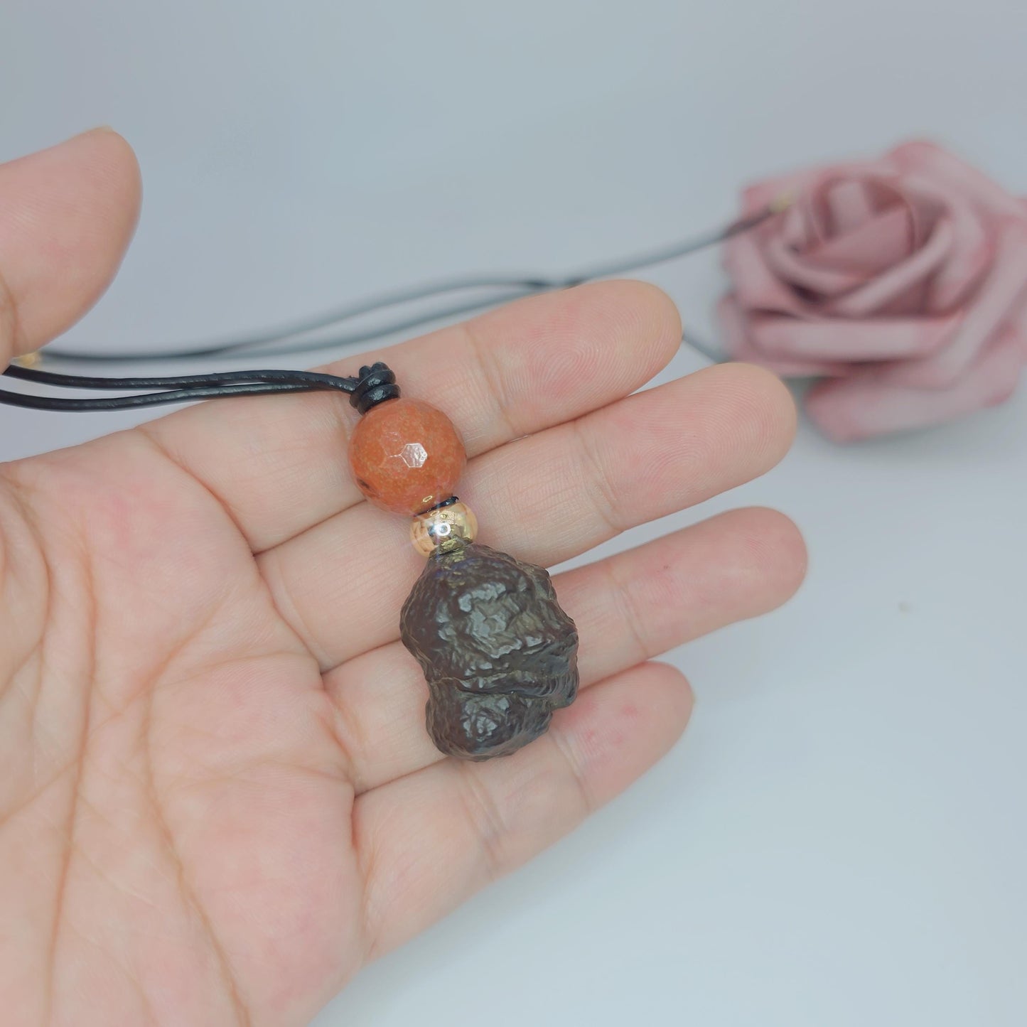 Meteorite Necklace, Genuine irregular Black Chunky meteorite pendant, red jasper, Real leather adjustable cord up to 30 inches men, women