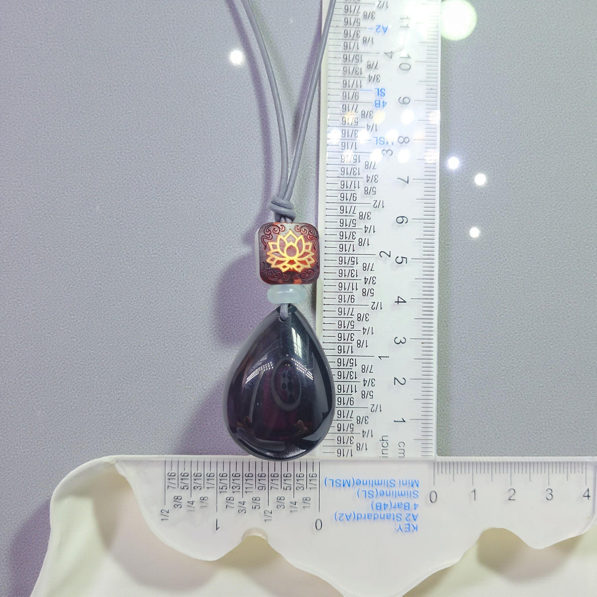 Obsidian Lotus Necklace, Red Sandalwood Chunky Geometric Pendant, Jade Birthstone Protection Jewelry, Adjustable Leather Cord