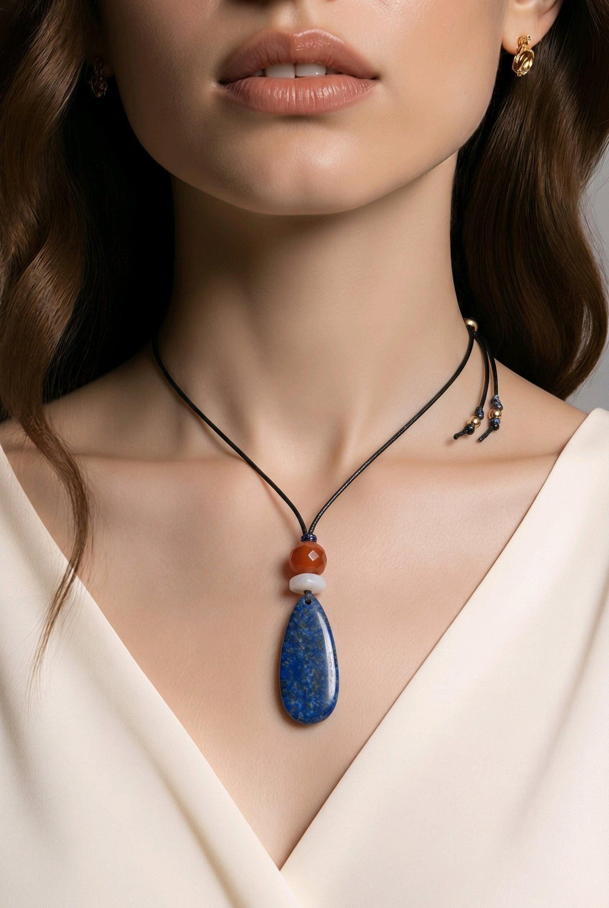 Chunky Lapis lazuli Necklace Natural Pearl Pendant Geometric Red Jasper Jewelry Adjustable Vegan Leather Up to 30 inches