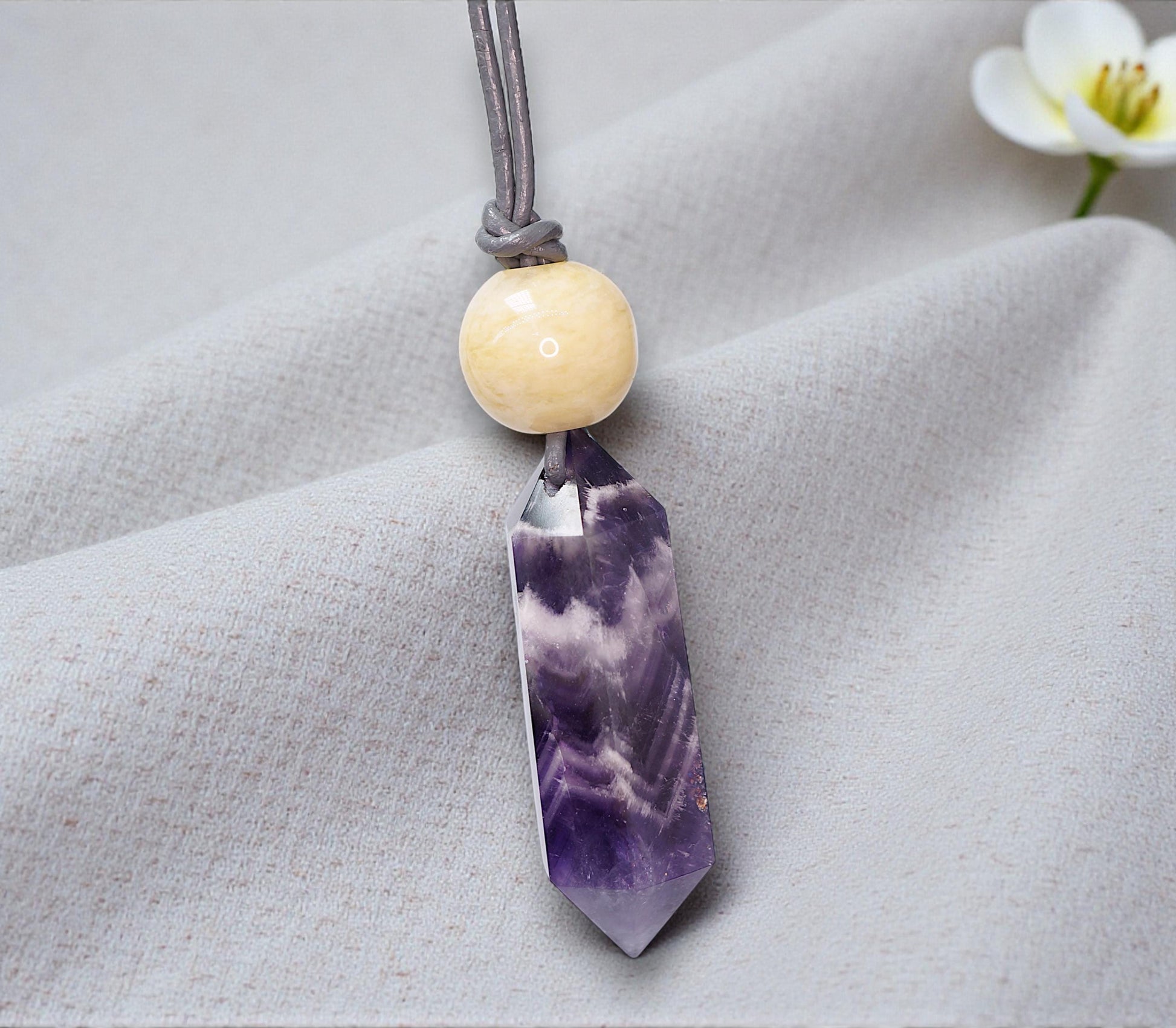 Geometric Chevron Amethyst Crystal Point Necklace, Chunky Dreamy Amethyst with Yellow Jade, Adjustable Leather Cord up to 30 Inches
