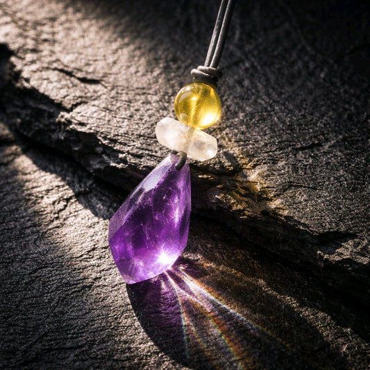 Chunky amethyst Necklace Clear Quartz Pendant Raw Crystal Jewelry citrine Birthstone Gift real leather cord adjustable up to 30 inches.