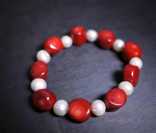 Red Coral & Freshwater Pearl Bracelet - Boho Gemstone Jewelry