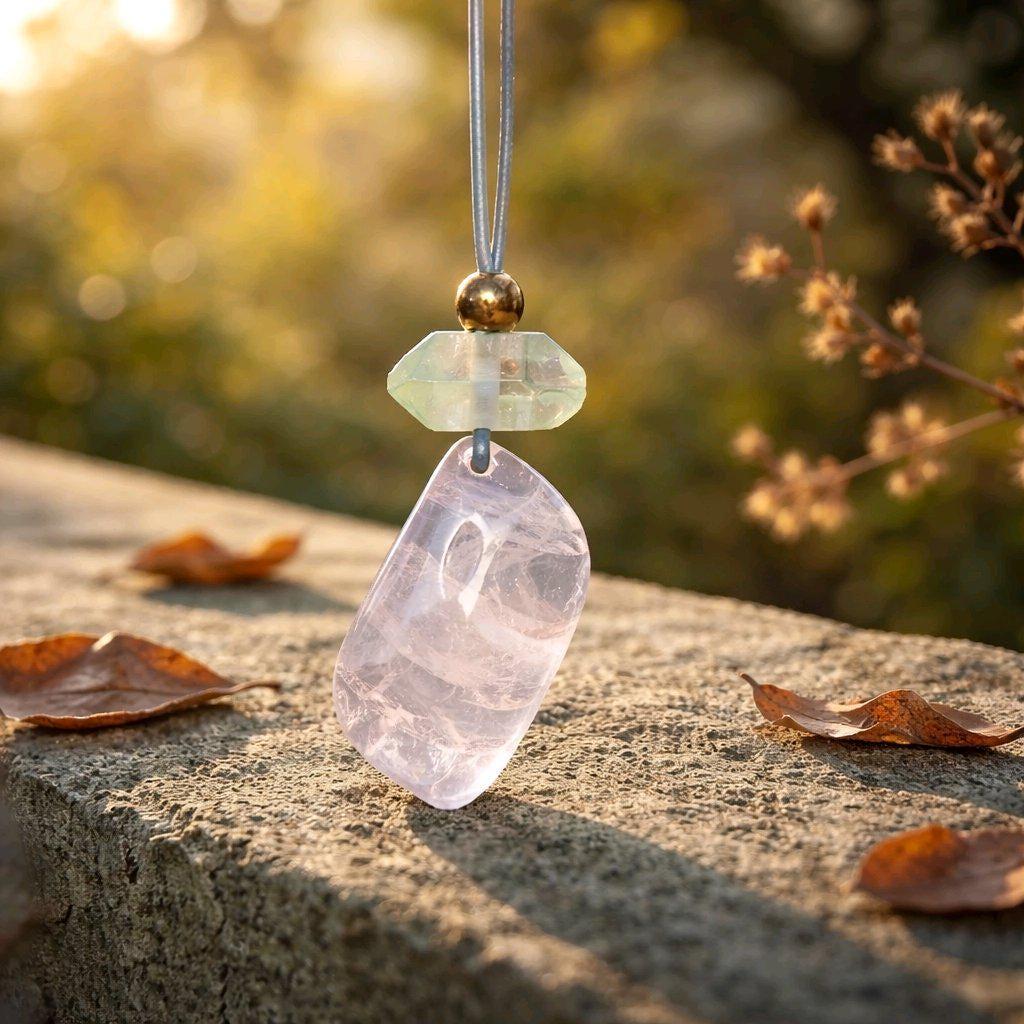 Rose quartz leaf necklace, aura green clear quartz pendant, crystal healing energy jewelry Chunky Geometric quartz adjustable leather 30 in