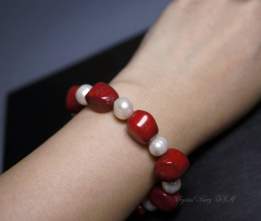 Red Coral & Freshwater Pearl Bracelet - Boho Gemstone Jewelry, Chunky Stone Gift