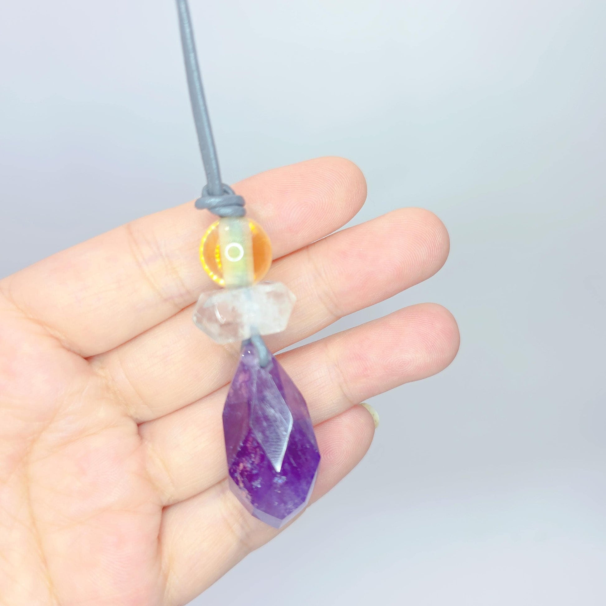 Chunky amethyst Necklace Clear Quartz Pendant Raw Crystal Jewelry citrine Birthstone Gift real leather cord adjustable up to 30 inches.