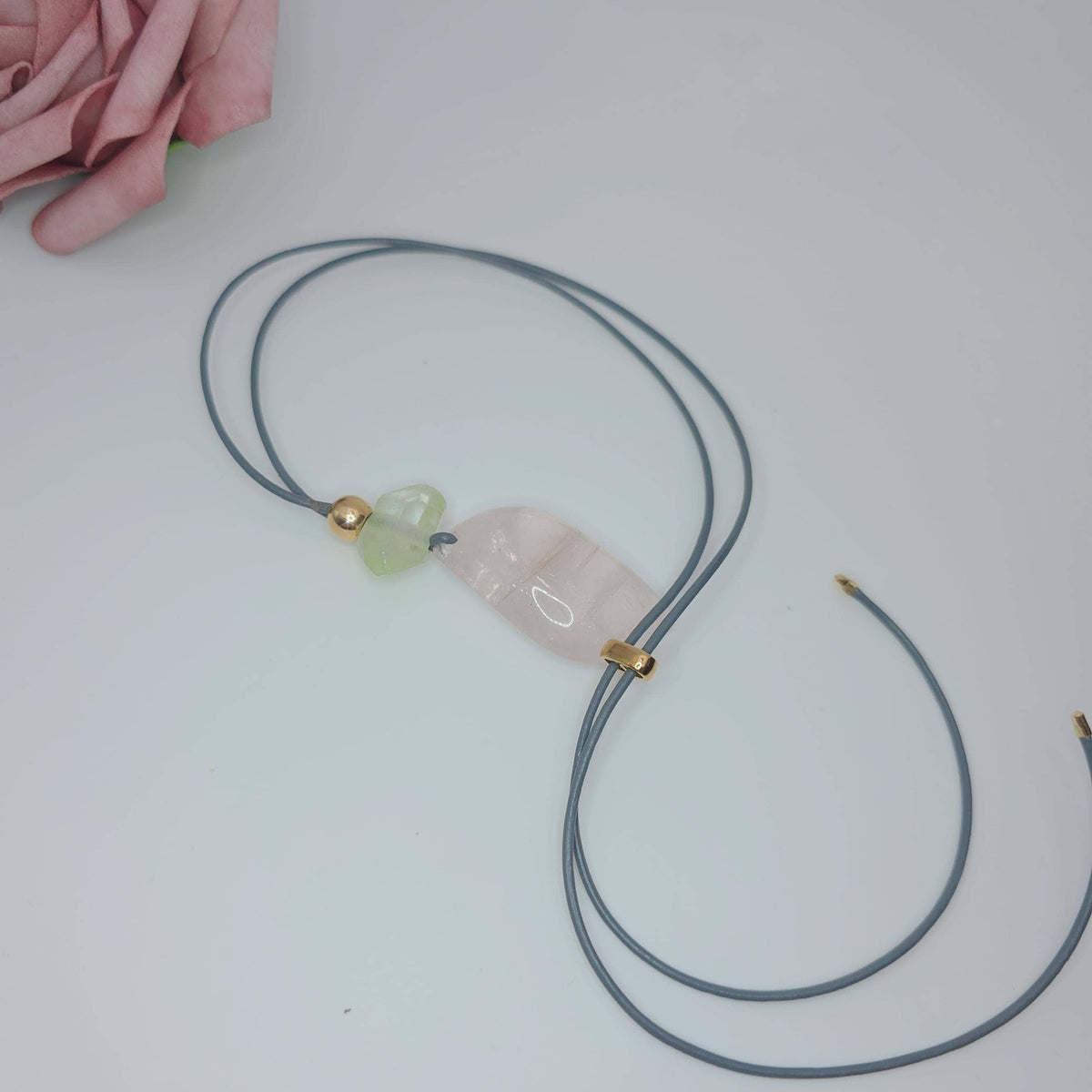 Rose quartz leaf necklace, aura green clear quartz pendant, crystal healing energy jewelry Chunky Geometric quartz adjustable leather 30 in
