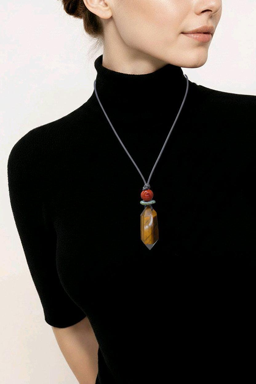 Tiger's Eye Necklace Natural Crystal Chunky Point Pendant for Men and Women Healing Talisman Jewelry Adjustable Leather Cord