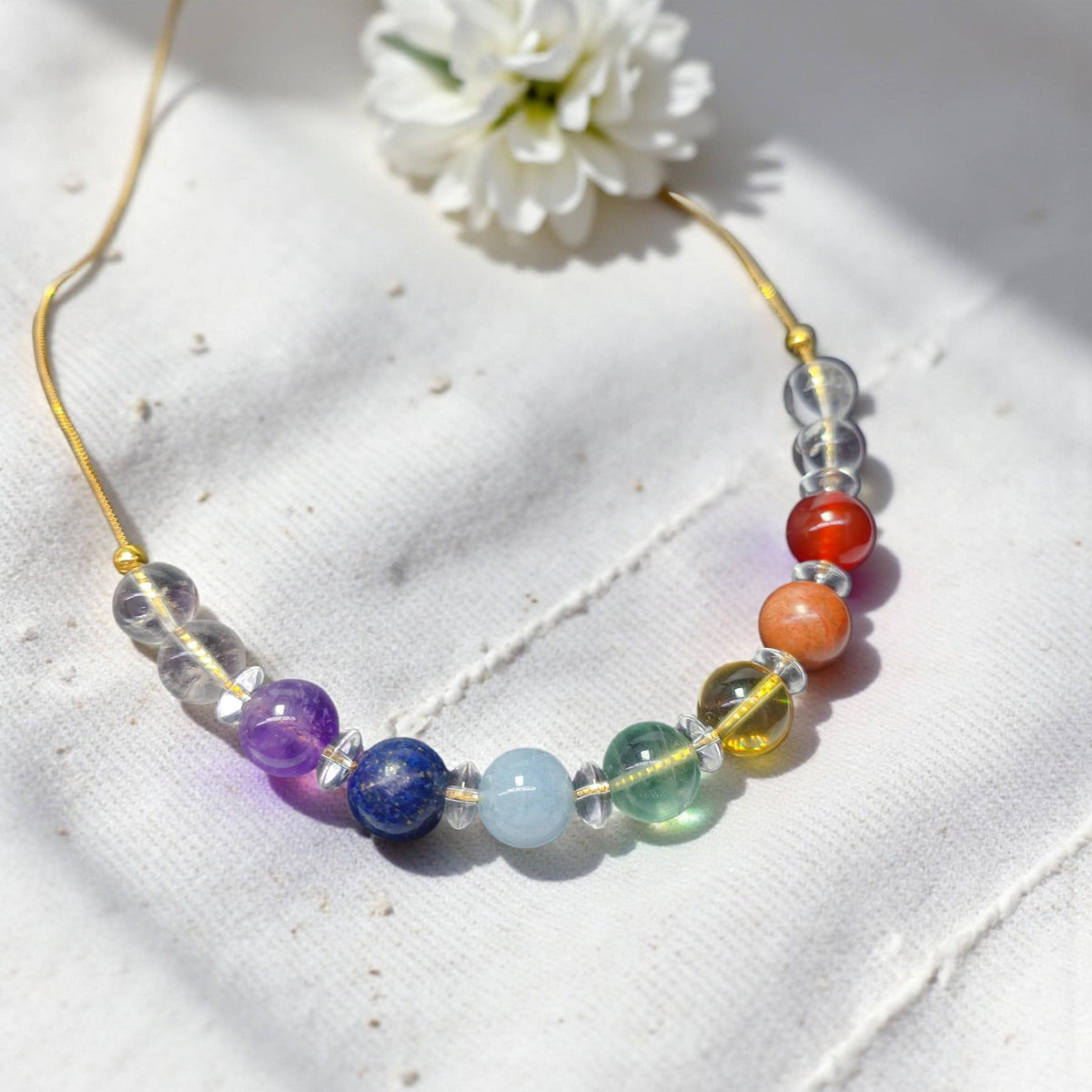 7 Chakra Necklace Real Natural Gemstone Chunky Crystal Jewelry for Healing, Spiritual Yoga Birthstone Gift, Adjustable Gold Chain statement