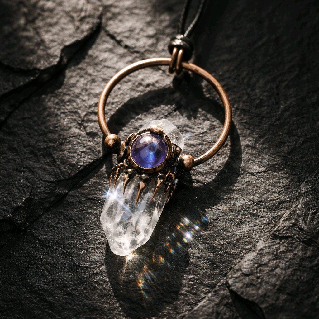 Raw Clear Quartz Point Necklace Copper Geometric Amethyst Pendant, Chunky Stone jewelry 28 inch Adjustable Vegan Cord