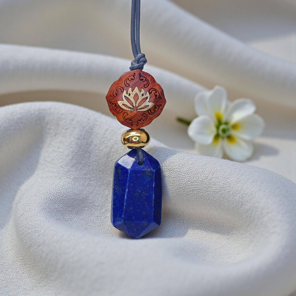 Lapis Lazuli Lotus Necklace, Red Sandalwood Chunky Geometric Pendant, September Birthstone Yoga Jewelry, Adjustable Leather Cord