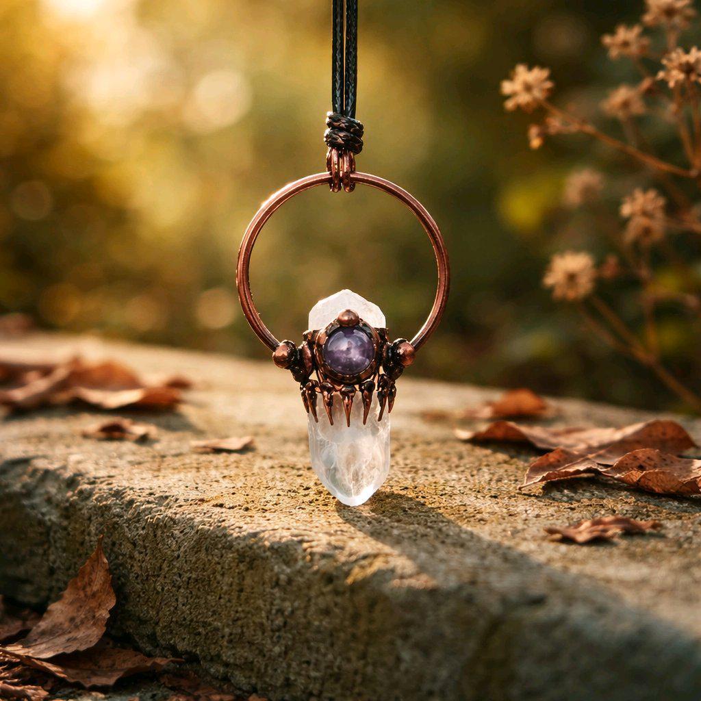 Raw Clear Quartz Point Necklace Copper Geometric Amethyst Pendant, Chunky Stone jewelry 28 inch Adjustable Vegan Cord