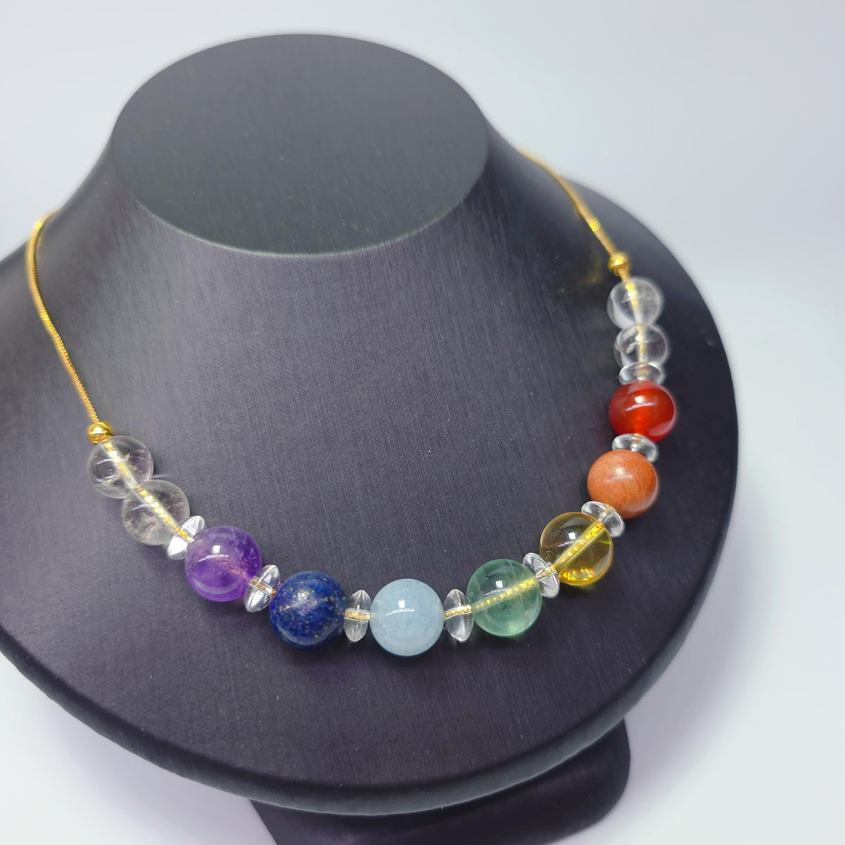 7 Chakra Necklace Real Natural Gemstone Chunky Crystal Jewelry for Healing, Spiritual Yoga Birthstone Gift, Adjustable Gold Chain statement