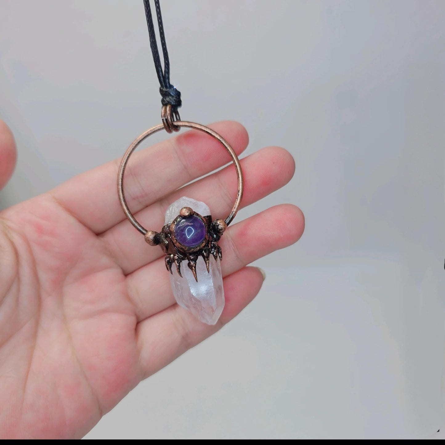 Raw Clear Quartz Point Necklace Copper Geometric Amethyst Pendant, Chunky Stone jewelry 28 inch Adjustable Vegan Cord