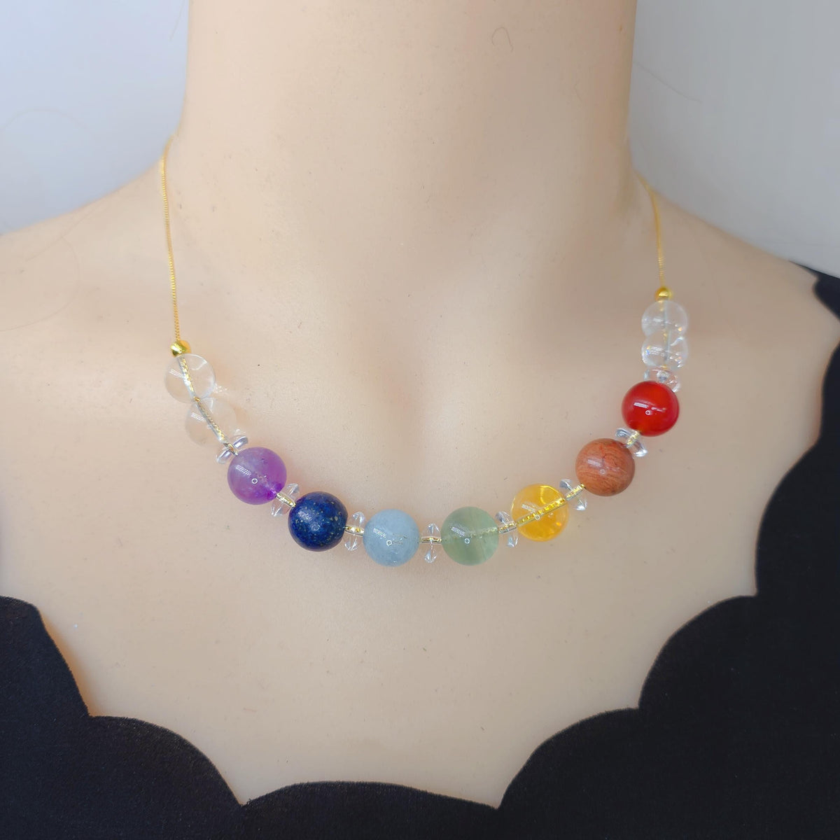 7 Chakra Necklace Real Natural Gemstone Chunky Crystal Jewelry for Healing, Spiritual Yoga Birthstone Gift, Adjustable Gold Chain statement