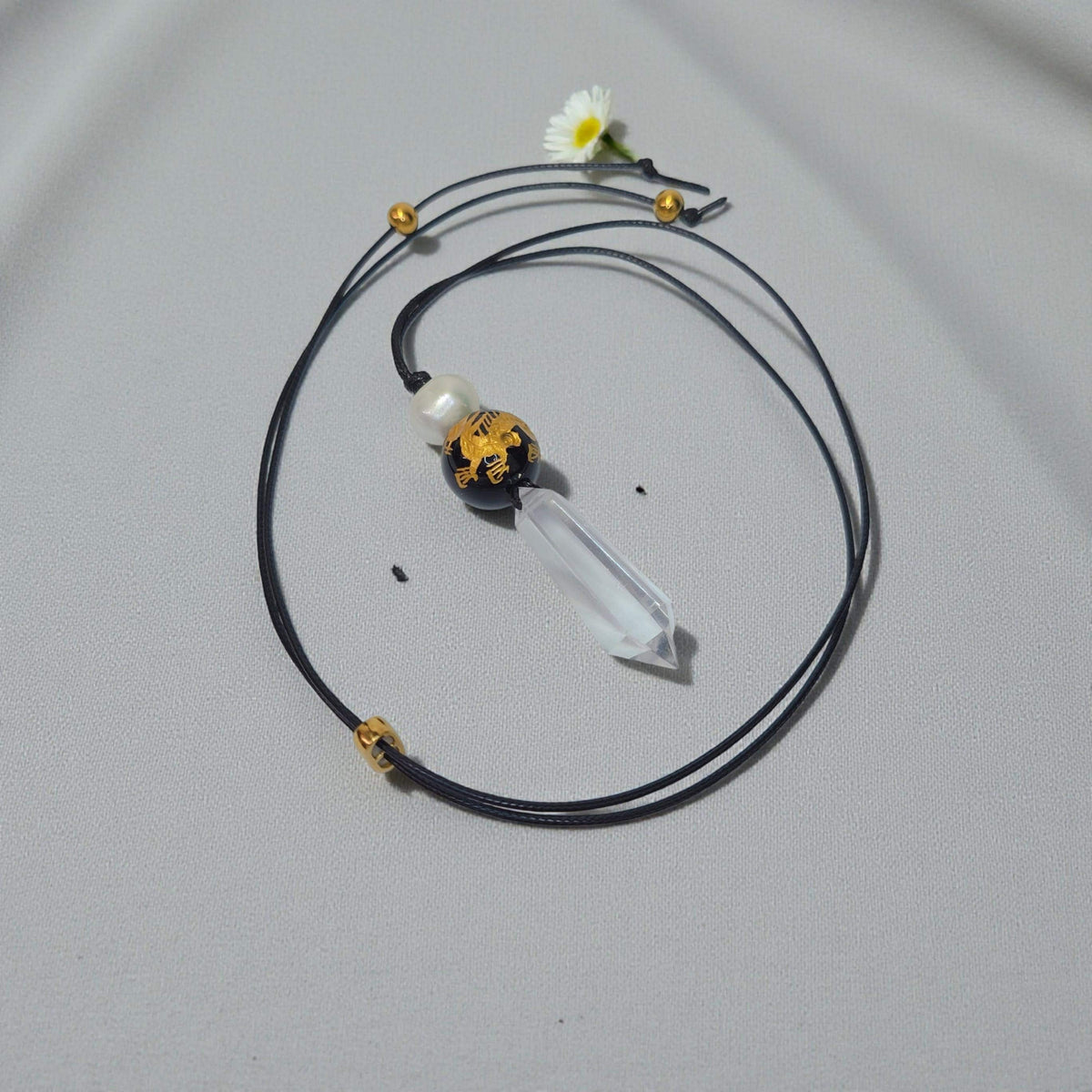 Clear Quartz Dragon Necklace, Black Onyx Chunky Geometric Pendant, Personalized Birthstone Jewelry for Men Women, Adjustable Leather Cord