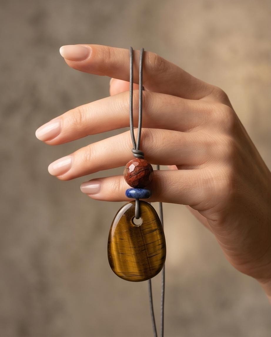 Chunky Tigers Eye Necklace with Lapis Lazuli Red Jasper Pendant Boho Stone Jewelry Adjustable Real Leather cord Tiger's eye Protective Stone