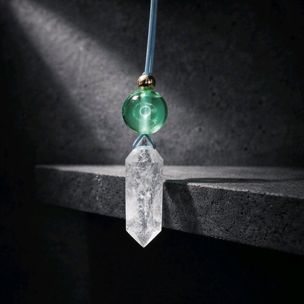 Natural clear quartz Point Necklace Green Fluorite Pendant Chunky Crystal Healing Stone Jewelry adjustable leather up to 30 inches.