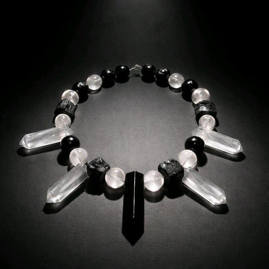 Raw Clear Quartz Point Obsidian Necklace Chunky Black Tourmaline Natural Protection Stone Monochrome Jewelry Boho Chic Gemstone Pendant