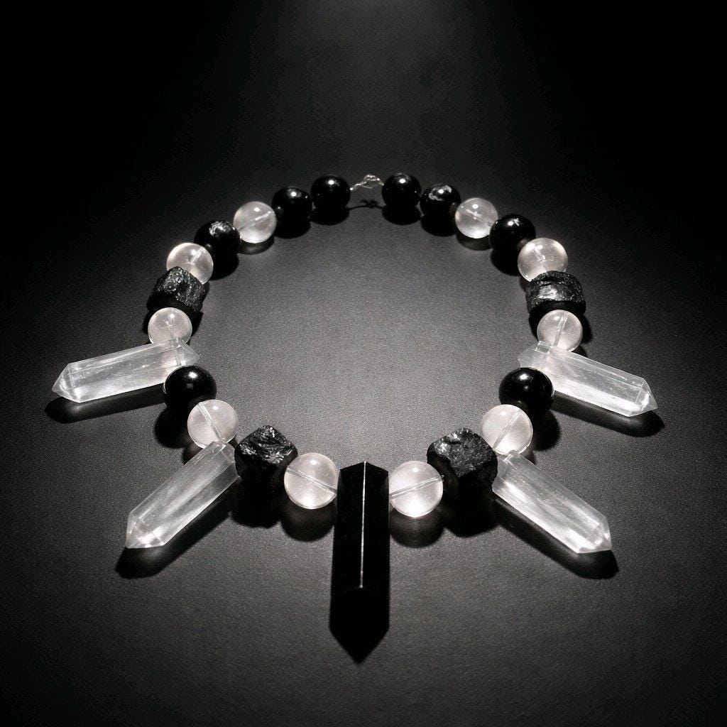 Raw Clear Quartz Point Obsidian Necklace Chunky Black Tourmaline Natural Protection Stone Statement Monochrome Jewelry Boho Gemstone Pendant