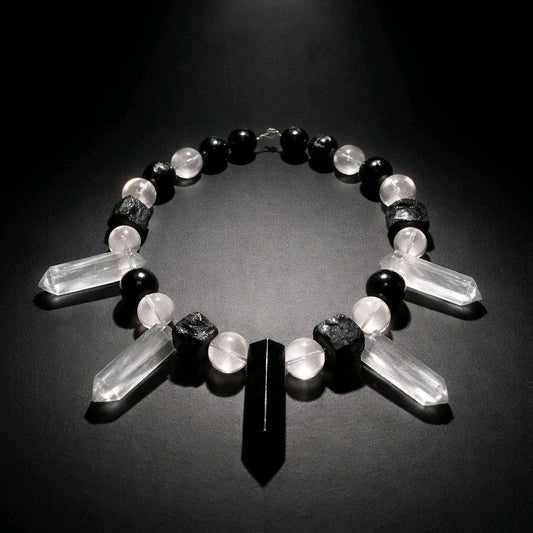 Raw Clear Quartz Point Obsidian Necklace Chunky Black Tourmaline Natural Protection Stone Statement Monochrome Jewelry Boho Gemstone Pendant