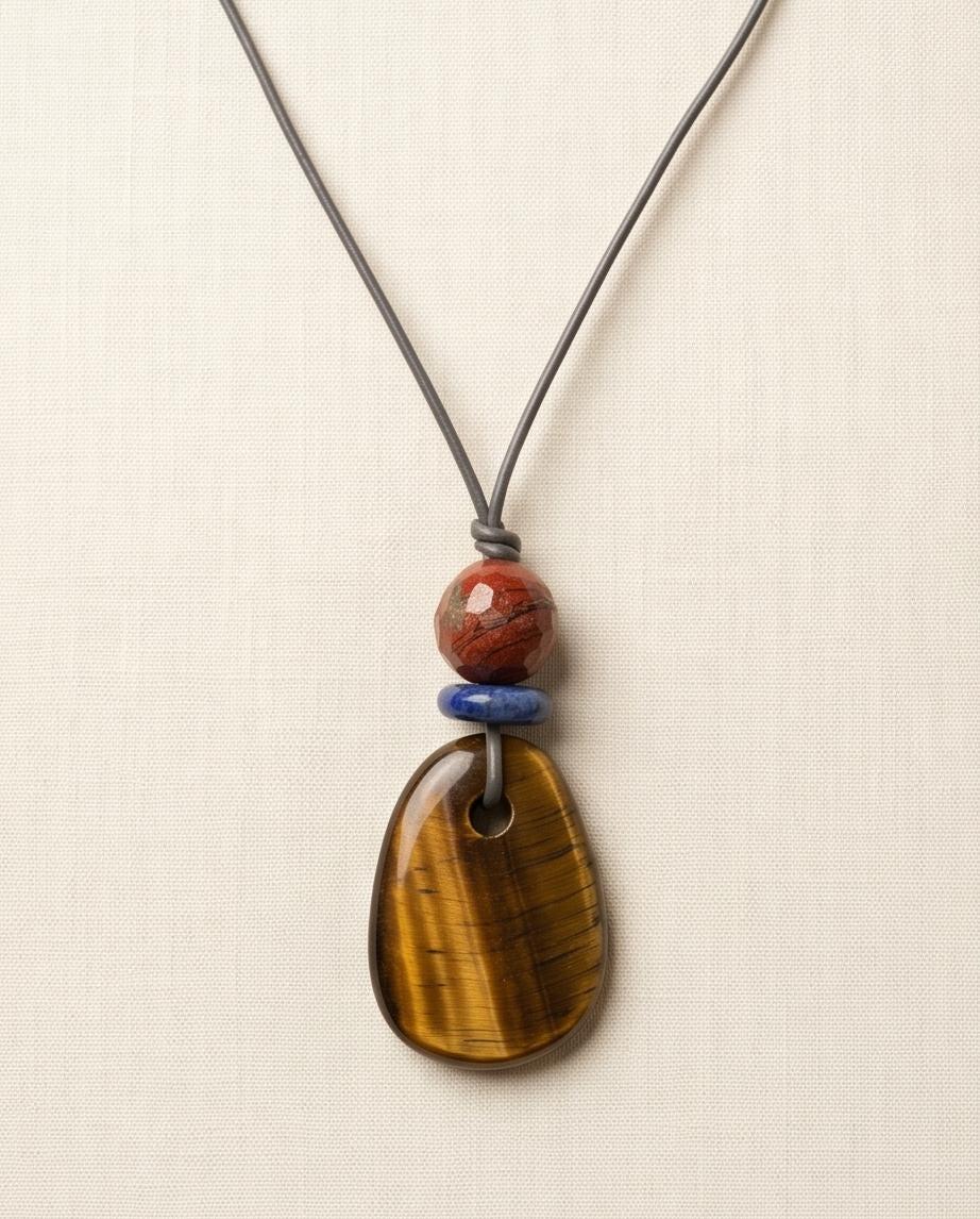 Chunky Tigers Eye Necklace with Lapis Lazuli Red Jasper Pendant Boho Stone Jewelry Adjustable Real Leather cord Tiger's eye Protective Stone