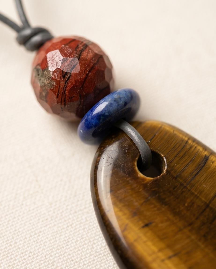 Chunky Tigers Eye Necklace with Lapis Lazuli Red Jasper Pendant Boho Stone Jewelry Adjustable Real Leather cord Tiger's eye Protective Stone