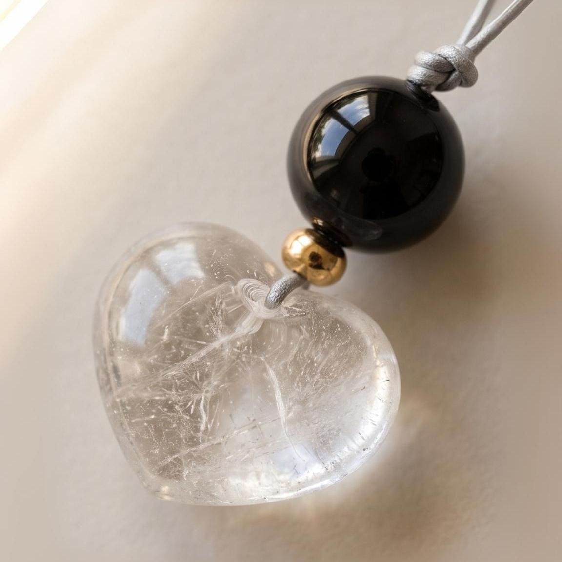 Large Clear Quartz Heart Pendant Necklace, Natural Black Agate Bead Leather Cord, Chunky Crystal Statement Jewelry, Protection Amulet Gift