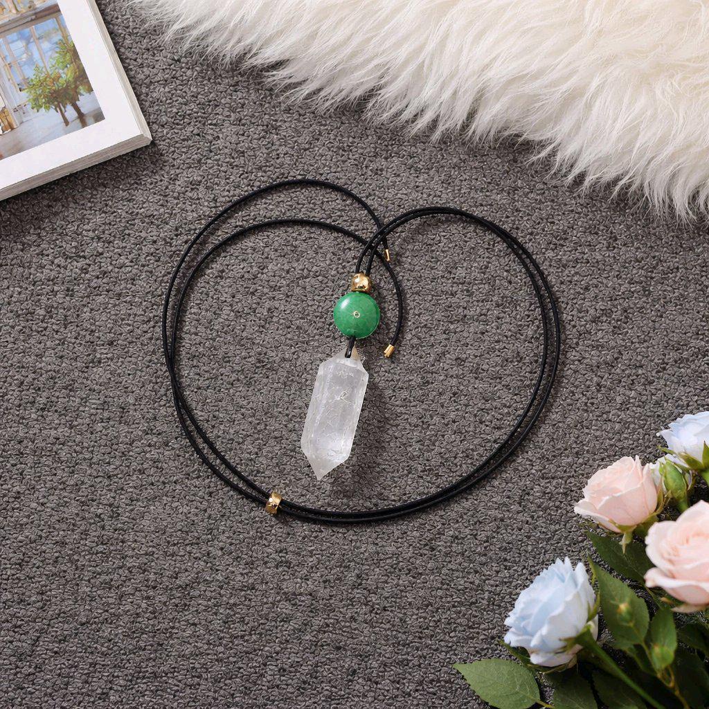 Natural clear quartz Point Necklace Green Fluorite Pendant Chunky Crystal Healing Stone Jewelry adjustable leather up to 30 inches.