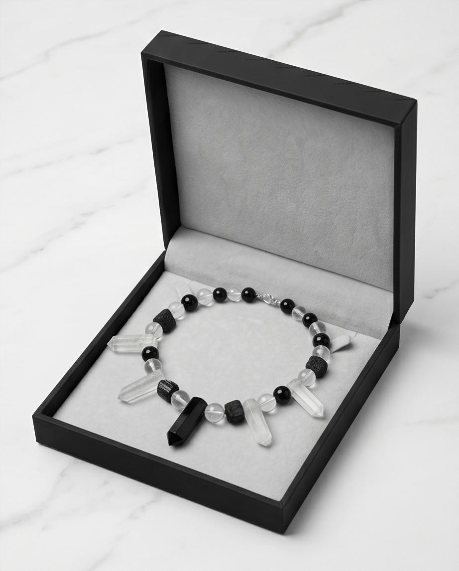 Raw Clear Quartz Point Obsidian Necklace Chunky Black Tourmaline Natural Protection Stone Statement Monochrome Jewelry Boho Gemstone Pendant
