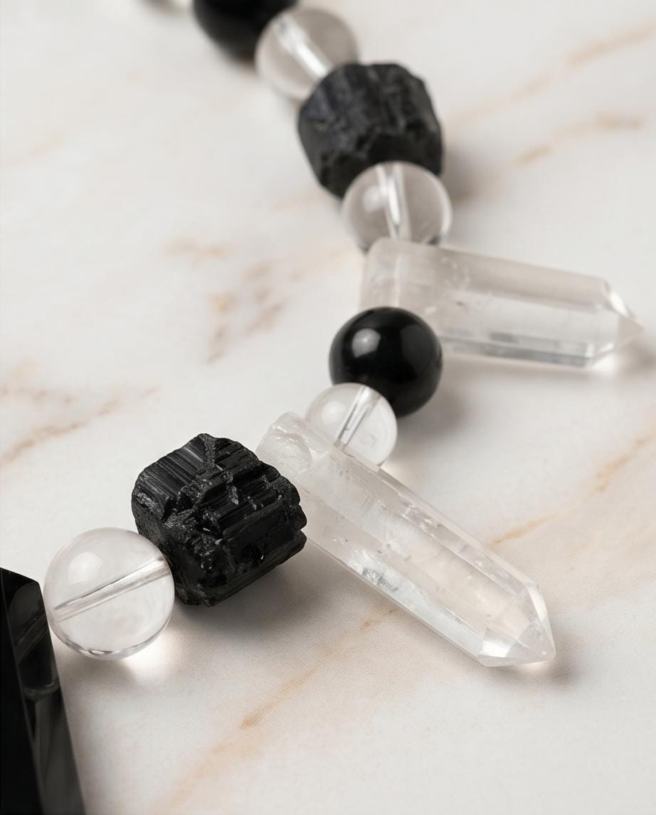 Raw Clear Quartz Point Obsidian Necklace Chunky Black Tourmaline Natural Protection Stone Statement Monochrome Jewelry Boho Gemstone Pendant