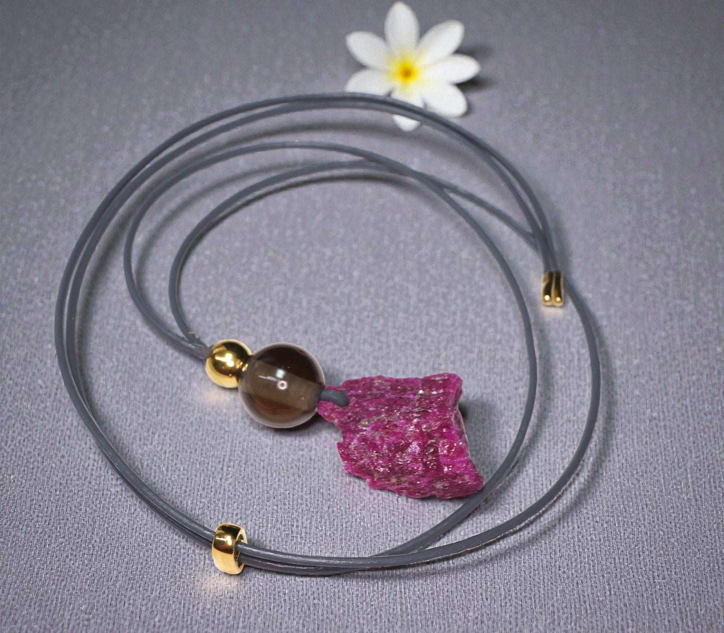 Chunky Raw Ruby Necklace, Geometric Smoky Quartz Pendant, Natural Rough Stone Jewelry, Adjustable Leather Cord Gift for Her #2585