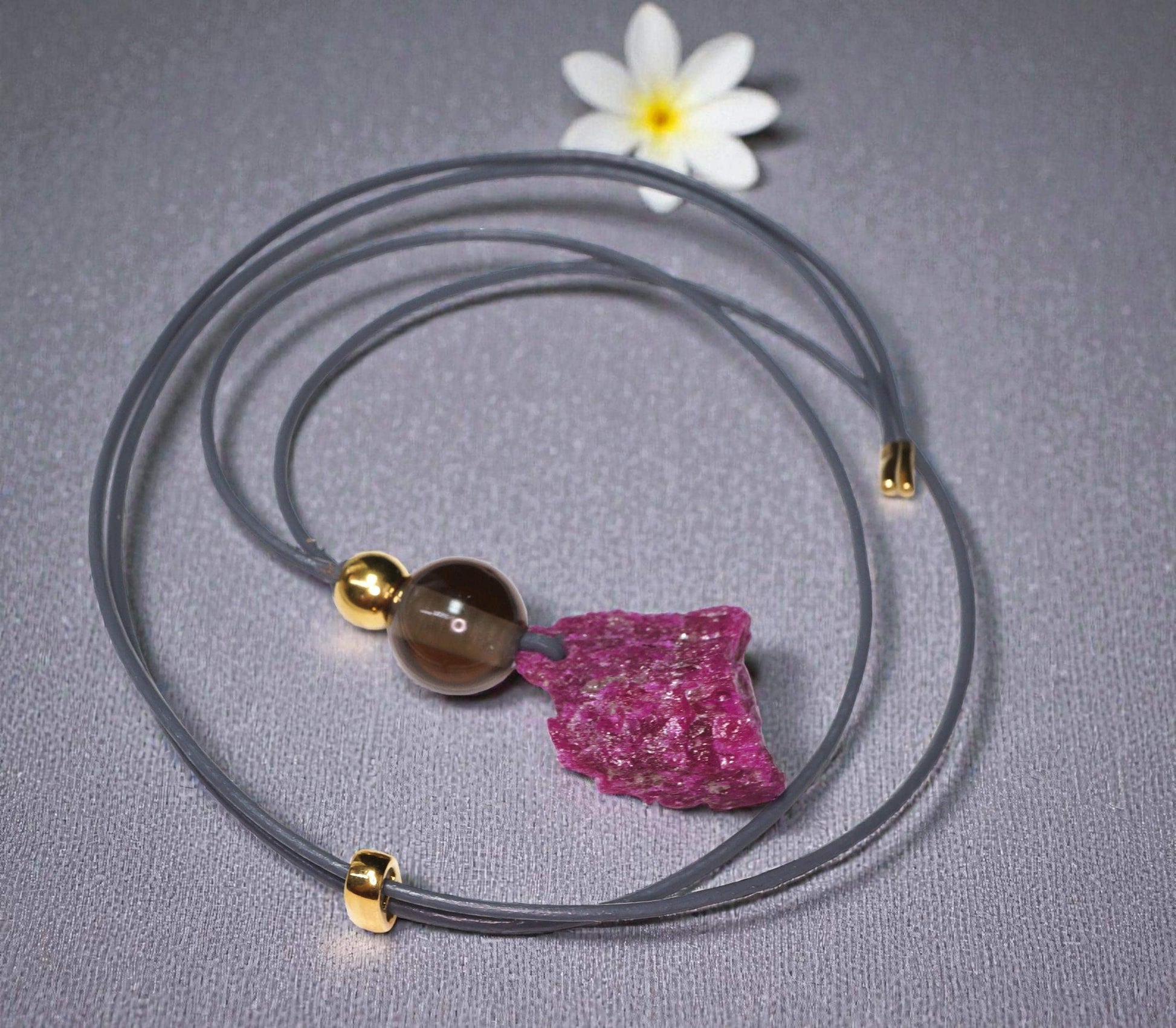 Chunky Raw Ruby Necklace, Geometric Smoky Quartz Pendant, Natural Rough Stone Jewelry, Adjustable Leather Cord Gift for Her #2585