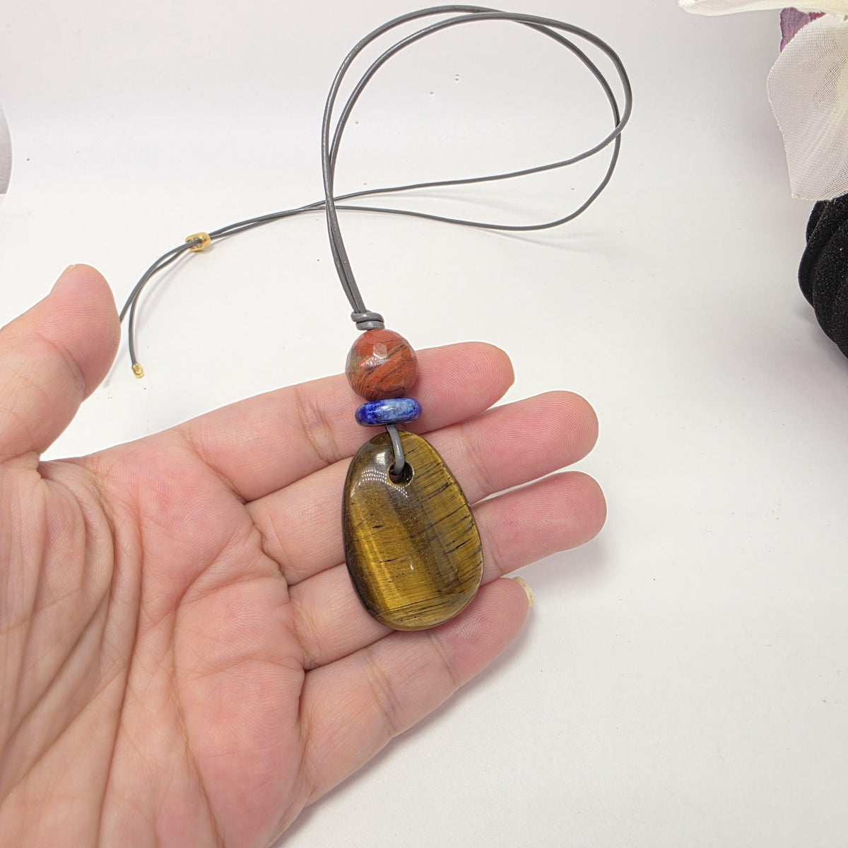 Chunky Tigers Eye Necklace with Lapis Lazuli Red Jasper Pendant Boho Stone Jewelry Adjustable Real Leather cord Tiger's eye Protective Stone