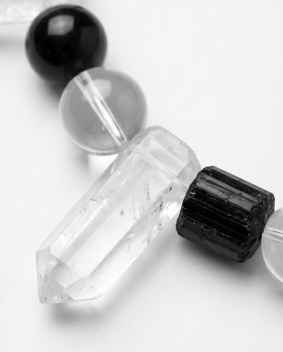 Raw Clear Quartz Point Obsidian Necklace Chunky Black Tourmaline Natural Protection Stone Statement Monochrome Jewelry Boho Gemstone Pendant