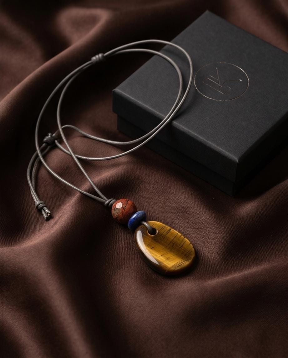 Chunky Tigers Eye Necklace with Lapis Lazuli Red Jasper Pendant Boho Stone Jewelry Adjustable Real Leather cord Tiger's eye Protective Stone