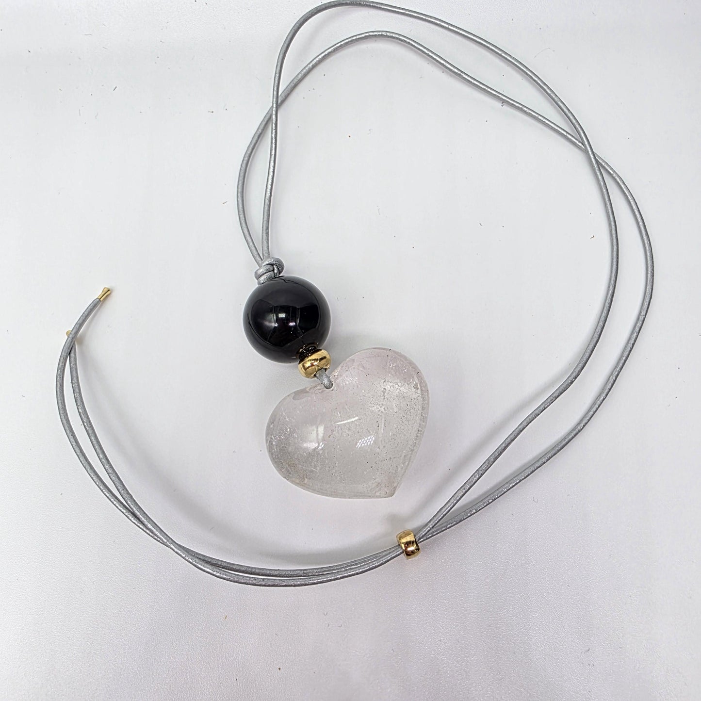 Large Clear Quartz Heart Pendant Necklace, Natural Black Agate Bead Leather Cord, Chunky Crystal Statement Jewelry, Protection Amulet Gift