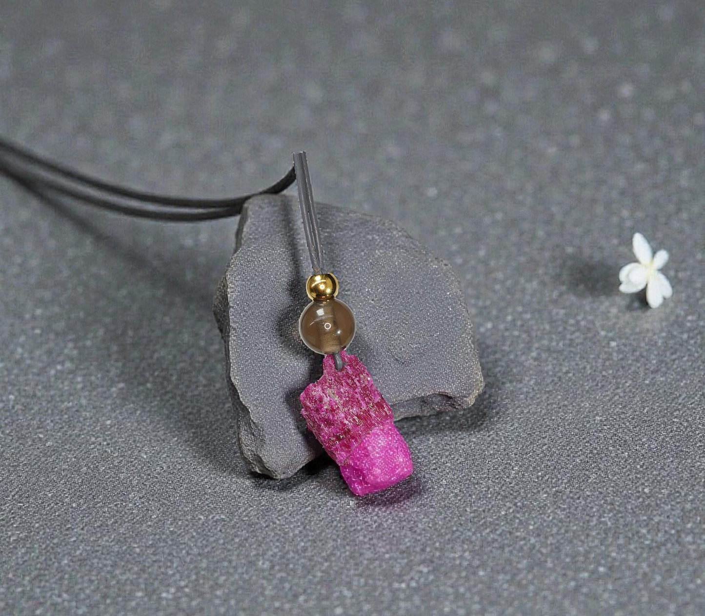 Chunky Raw Ruby Necklace, Geometric Smoky Quartz Pendant, Natural Rough Stone Jewelry, Adjustable Leather Cord Gift for Her #2585
