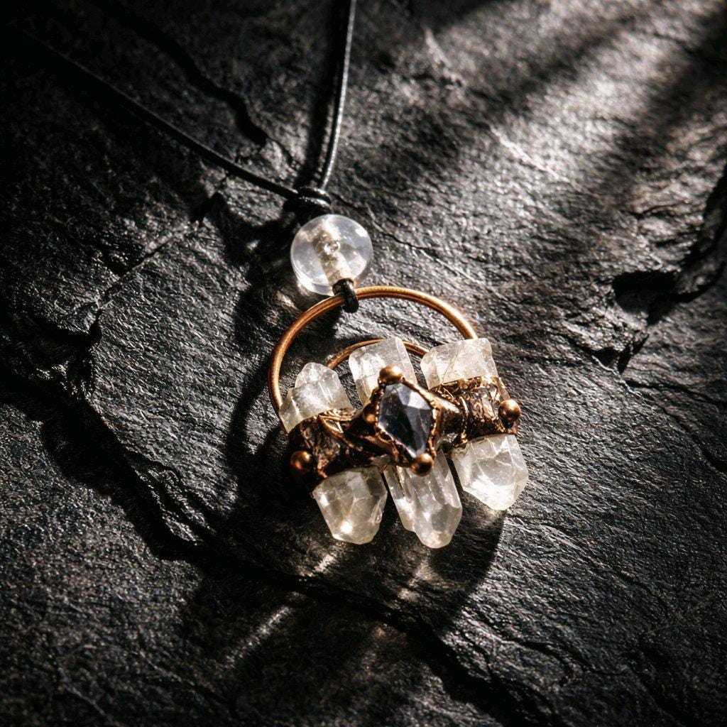 Raw Clear Quartz Point Cluster Necklace, Amethyst, Electroplated Copper Statement Pendant, Bohemian Crystal Jewelry for Men or Women