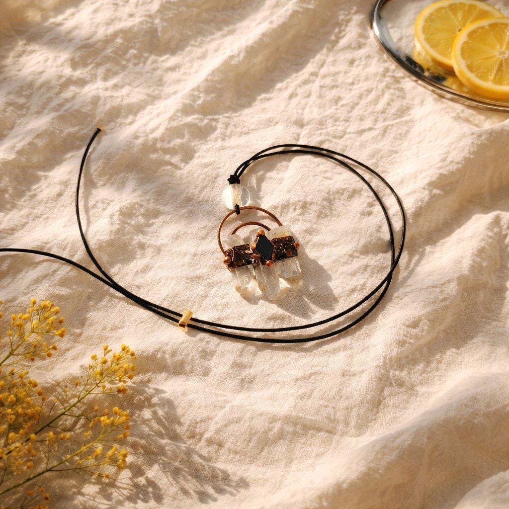 Raw Clear Quartz Point Cluster Necklace, Amethyst, Electroplated Copper Pendant, Bohemian Chunky Crystal Jewelry for Men or Women