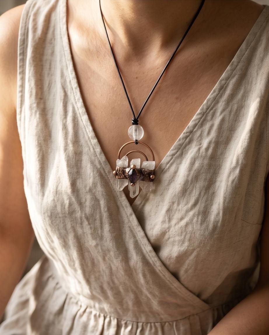 Raw Clear Quartz Point Cluster Necklace, Amethyst, Electroplated Copper Statement Pendant, Bohemian Crystal Jewelry for Men or Women