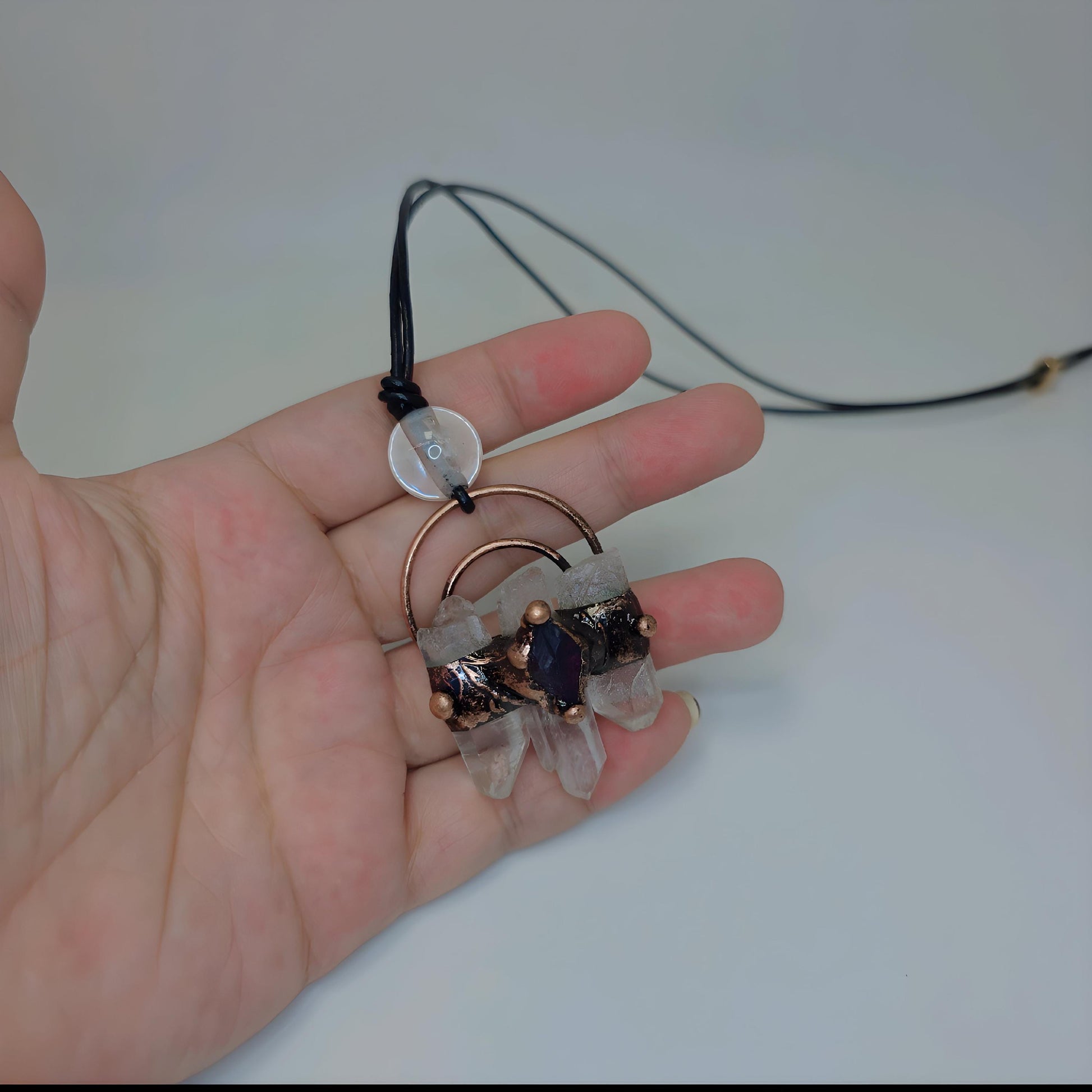 Raw Clear Quartz Point Cluster Necklace, Amethyst, Electroplated Copper Statement Pendant, Bohemian Crystal Jewelry for Men or Women