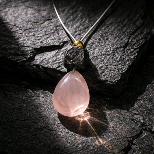 Chunky Rose Quartz Necklace Raw Black Tourmaline Jewelry Adjustable Real Leather cord Large Pink Crystal Gift Minimalist Stone Jewelry