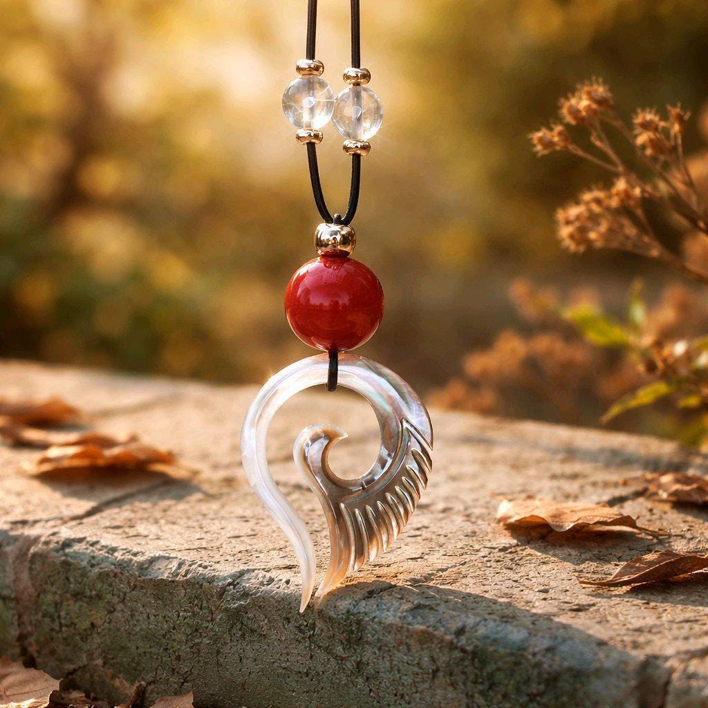 Shell & Red Agate Spiral Pendant Necklace, Mother of Pearl Wing Jewelry, Adjustable Cord up to 24", Unique Chunky Stone Spiritual Gift