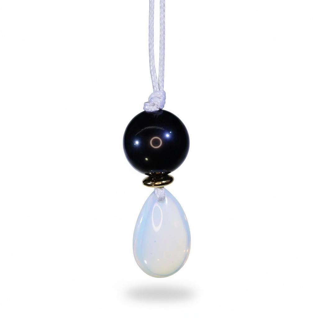 Chunky Opal & Obsidian Necklace, Geometric Birthstone Pendant, Zen Jewelry, Adjustable White Leather Cord, October Birthday Gift
