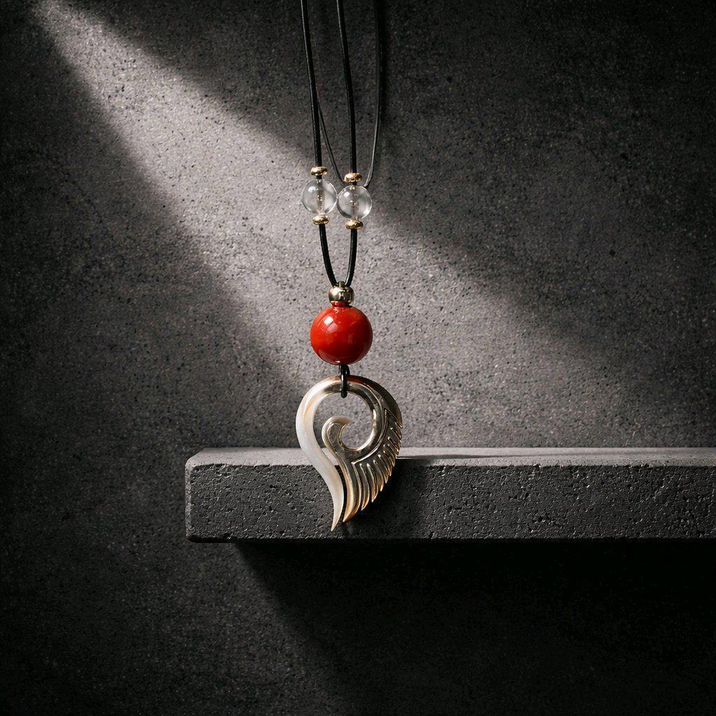Shell & Red Agate Spiral Pendant Necklace, Mother of Pearl Wing Jewelry, Adjustable Cord up to 24", Unique Spiritual Gift