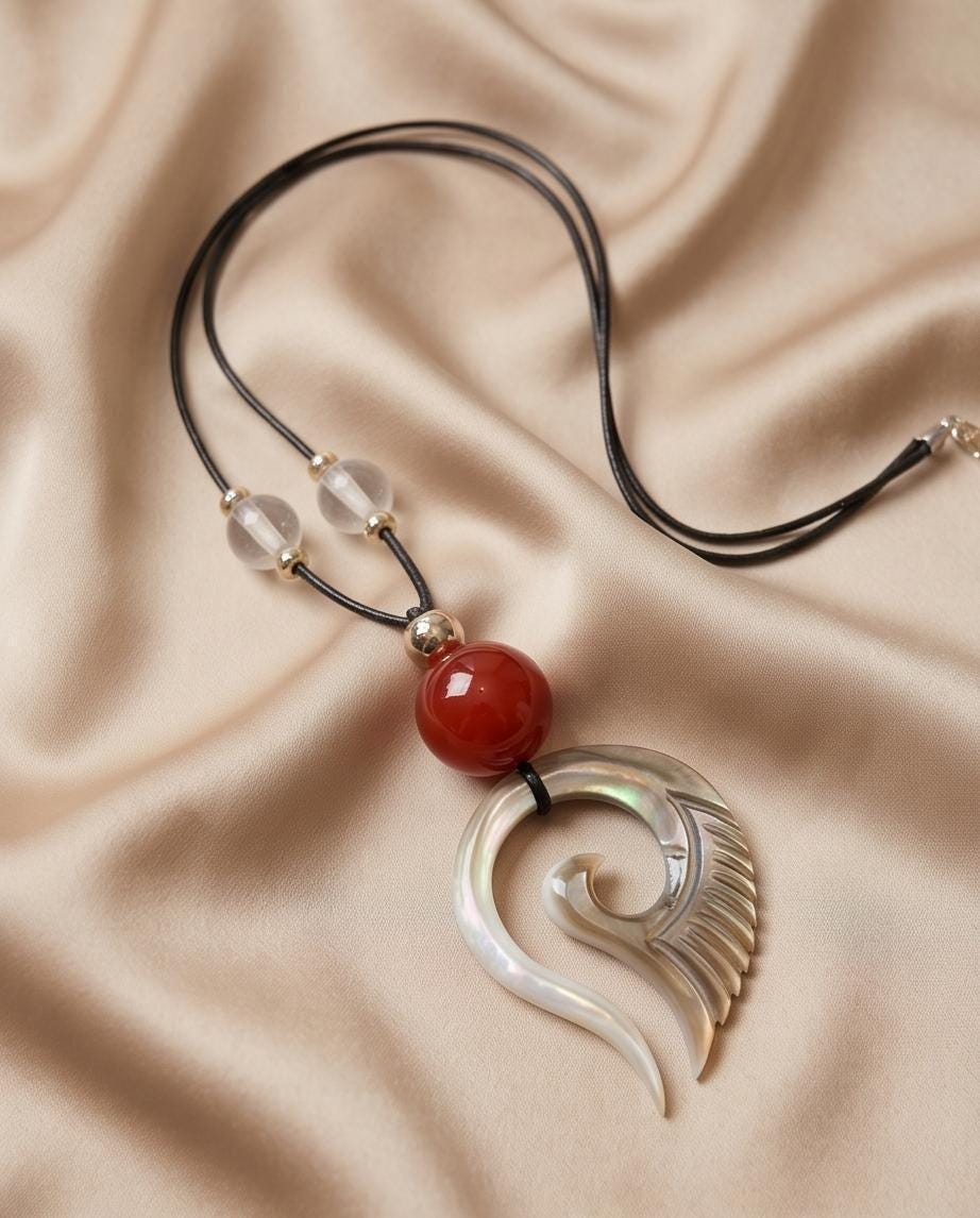 Shell & Red Agate Spiral Pendant Necklace, Mother of Pearl Wing Jewelry, Adjustable Cord up to 24", Unique Spiritual Gift