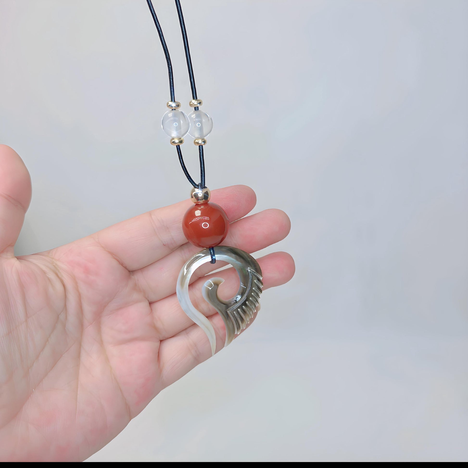 Shell & Red Agate Spiral Pendant Necklace, Mother of Pearl Wing Jewelry, Adjustable Cord up to 24", Unique Spiritual Gift