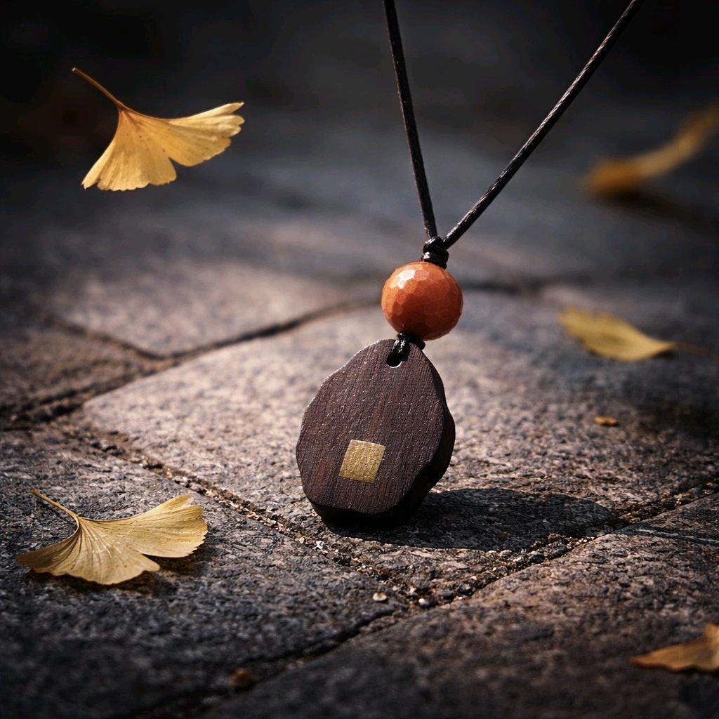 Natural Agarwood Pendant Necklace With Faceted Red jasper, organic wood carving with Gold Lion Totem, Zen Meditation Jewelry Chunky Stone